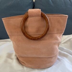 Wood handle bucket handbag, crossbody bag, shoulder bag, dusty pink